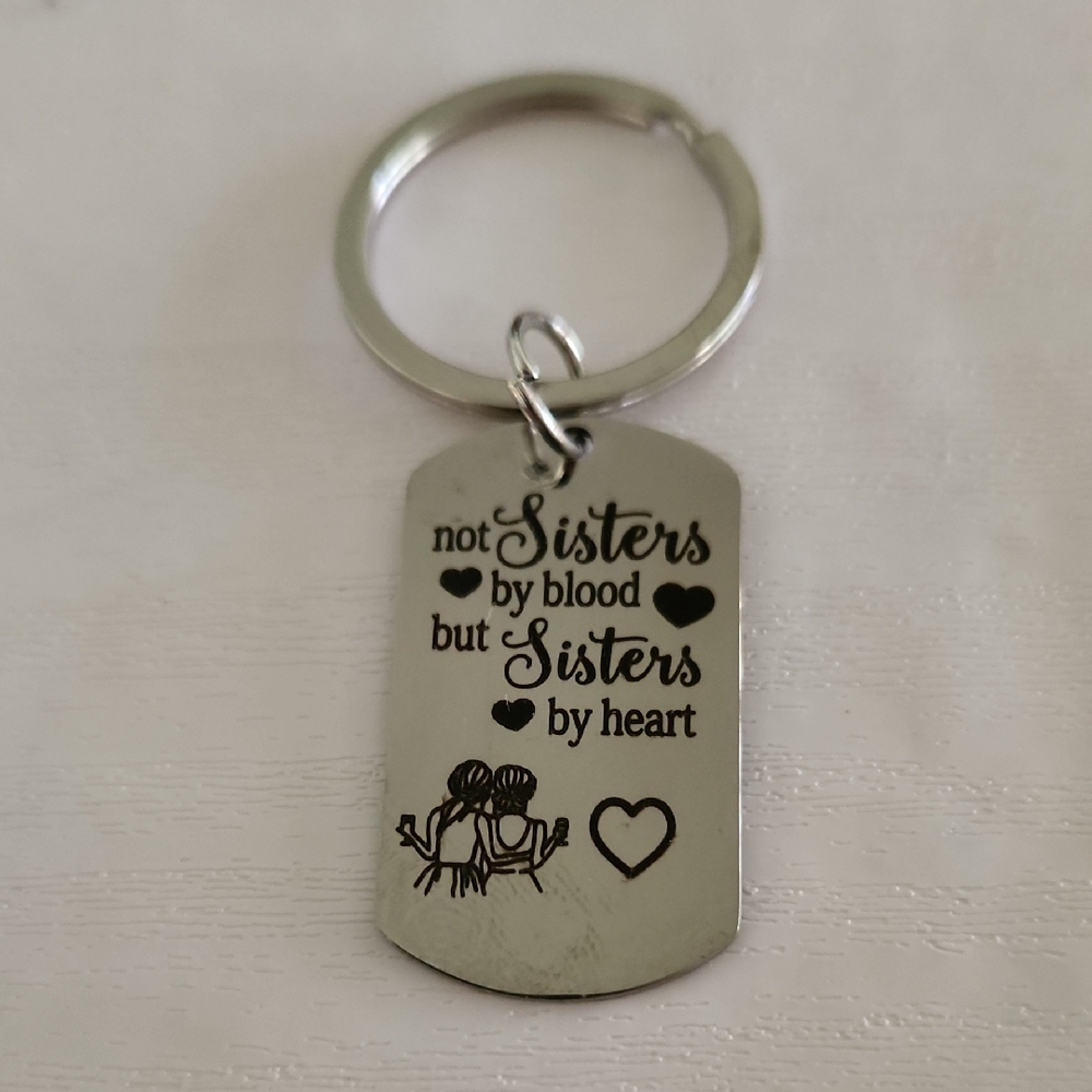 Sisters By Heart Silver Keychain with Heartfelt Message
